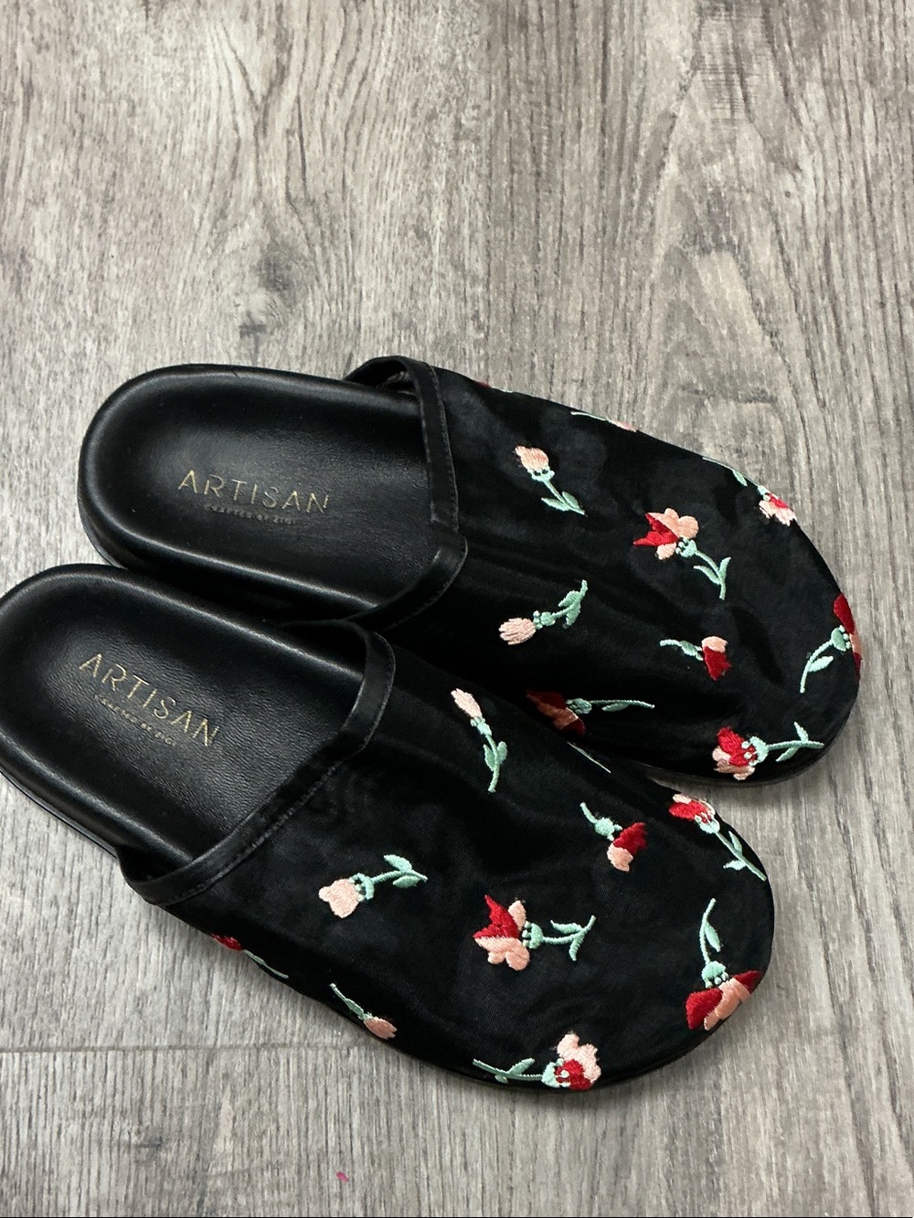 Artisan Black Slip-On Slippers with Red & Pink Floral Embroidery